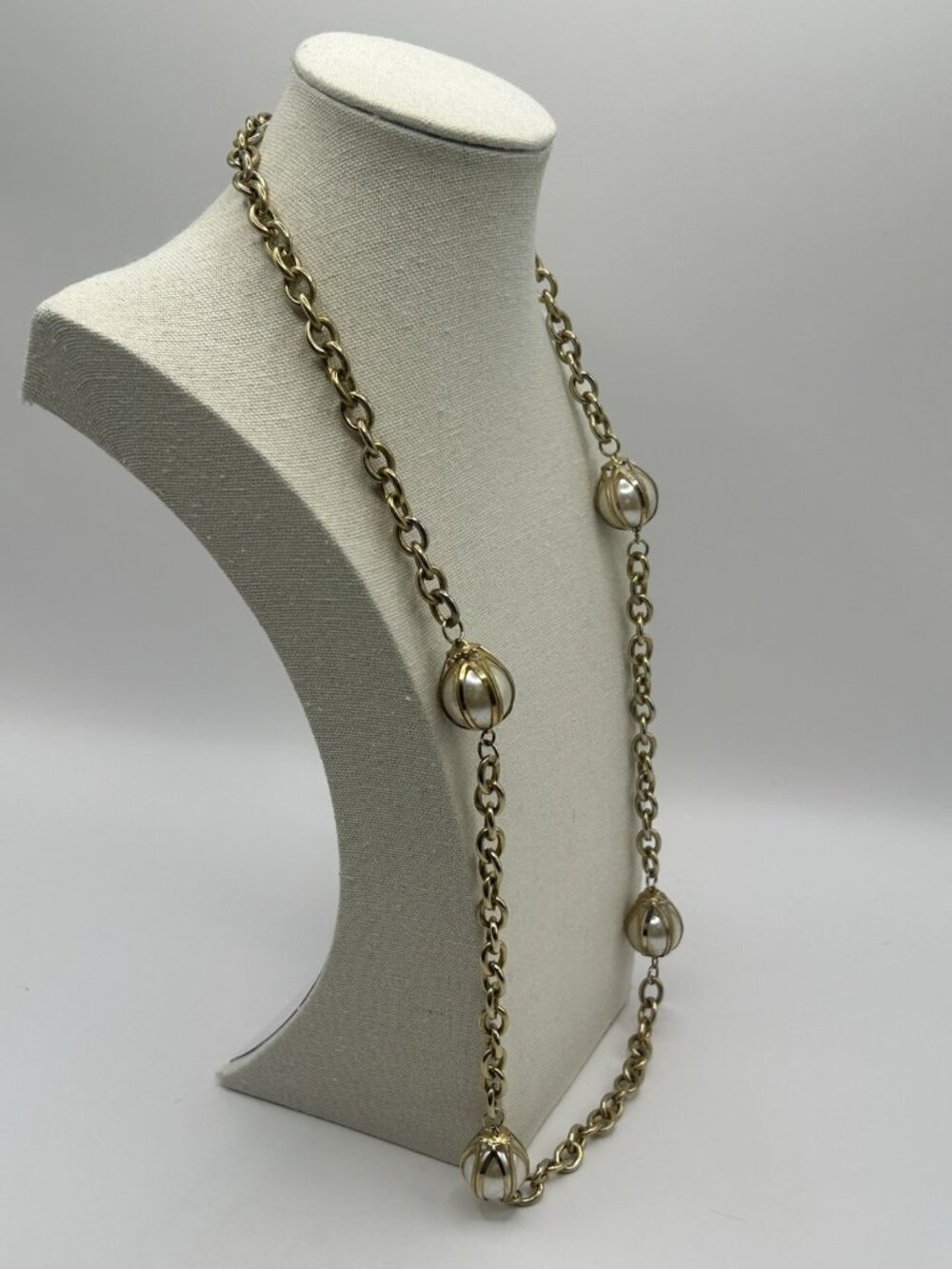 Vintage Gold Tone Chain Faux Pearl Bead Station Necklace Long 30” Cottagecore - Picture 14 of 15